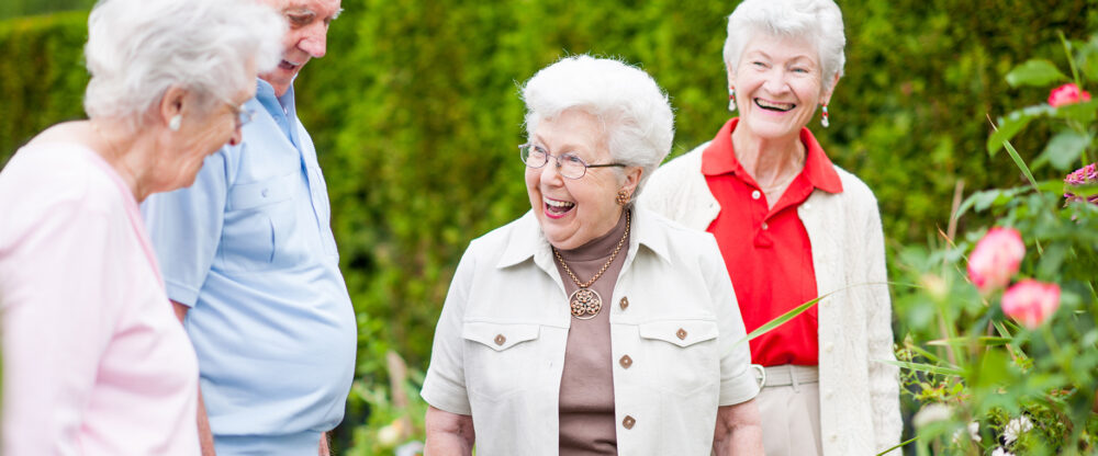 Four joyous elderly ladies stroll through a vibrant garden, sharing laughter and friendship in the beauty of nature.
