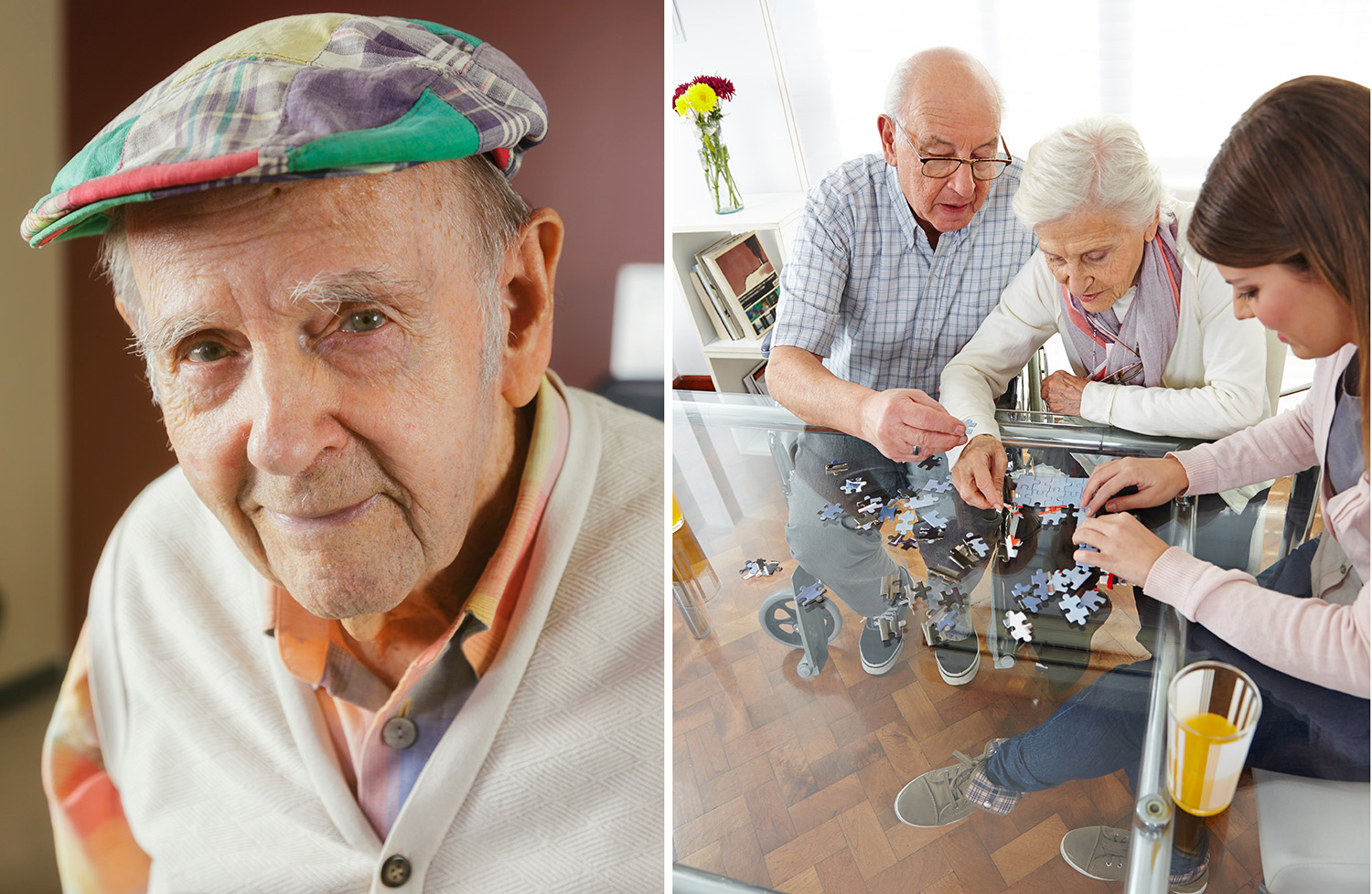 photo of elderly couple making a puzzle in a memory care facility