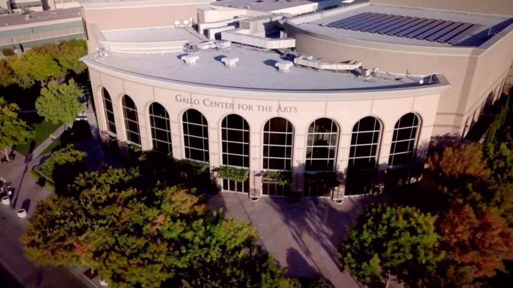 Aerial view of Gallo Center in Modesto, CA in beautiful sunset light