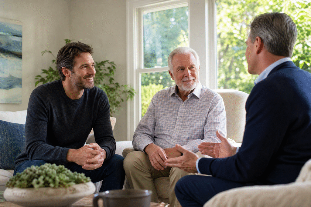 Family discussing residential assisted living options with a care home professional