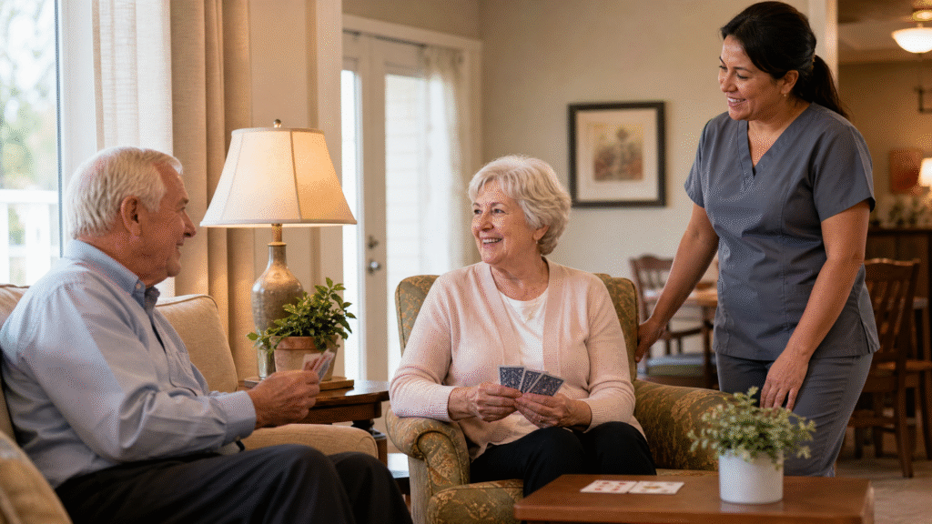 Older adults enjoying a small-group activity in a welcoming assisted living living room