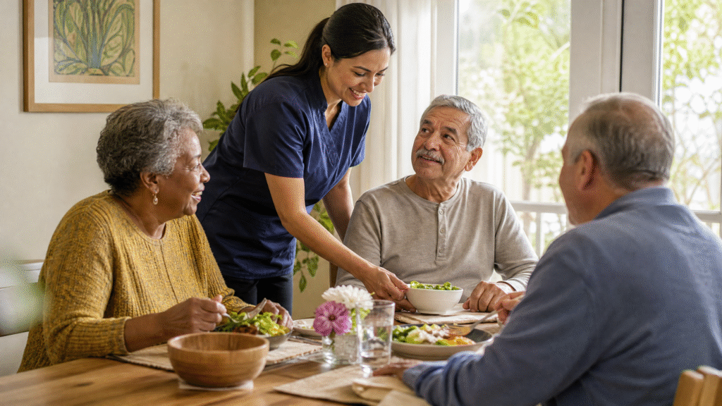 Caregiver and older residents enjoying a meal together in a bright residential dining room