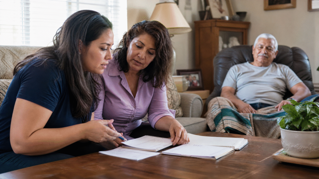 Caregiver and adult family member reviewing a care plan together in a residential living room