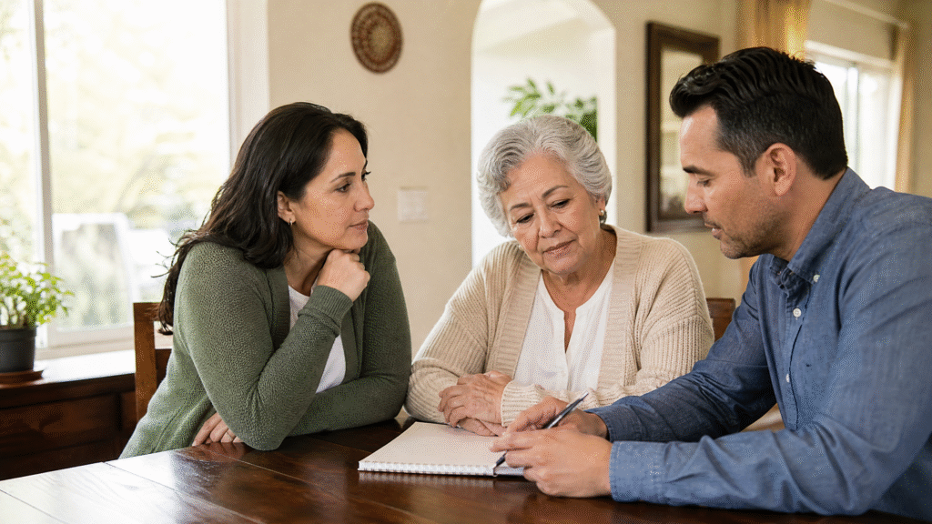 Adult children and their older mother having a thoughtful conversation about care options at home