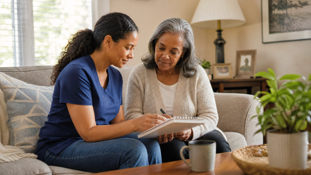 Caregiver sitting with an older woman to discuss her daily routine and support needs