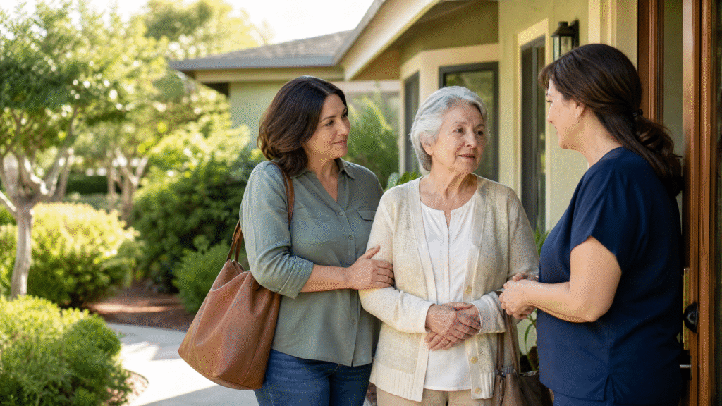 Older woman and adult daughter meeting a care professional outside a welcoming residential care home