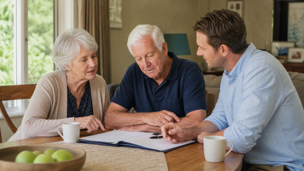 Older couple and adult son reviewing care-home planning papers together at a table