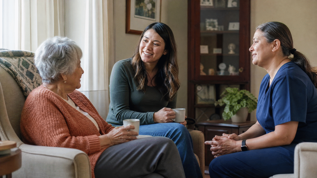 Older adult enjoying a relaxed family visit with a grandchild and caregiver in a warm living room