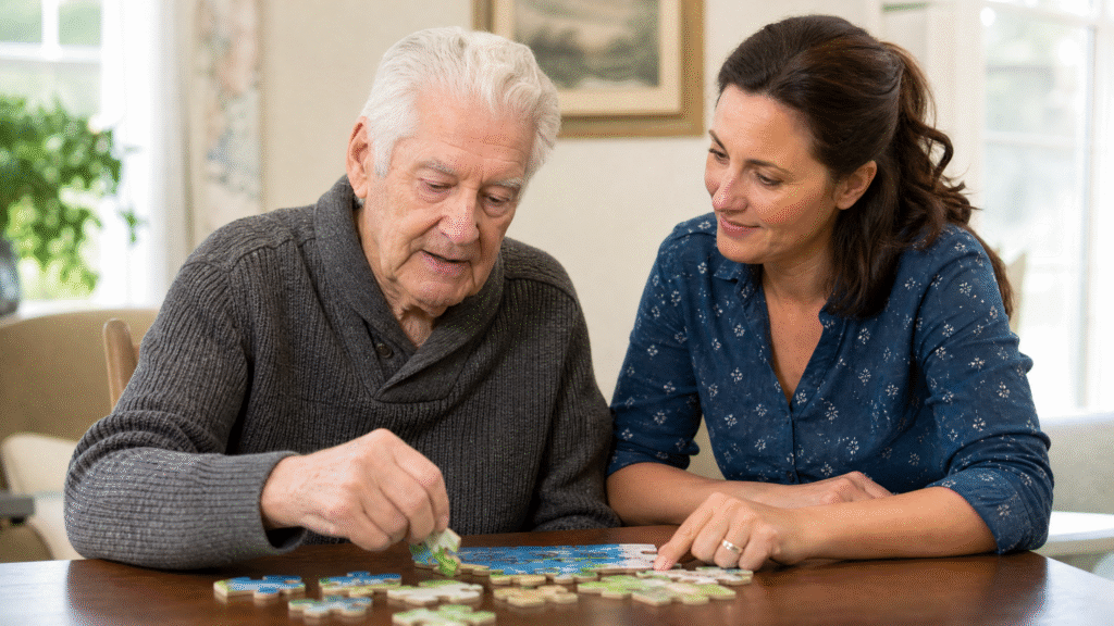 Caregiver and older man completing a familiar activity together in a calm memory care setting