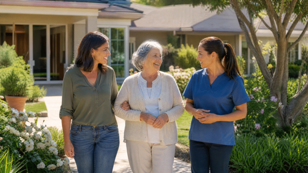 Older woman walking in a garden with her adult daughter and a friendly caregiver