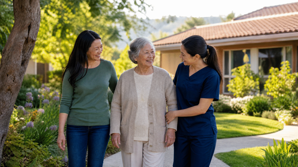 Older woman walking in a well-kept residential garden with her daughter and a caregiver